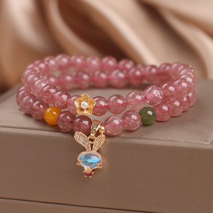 Natural Strawberry Quartz Double Ring Bracelet Female Special-interest Design Rabbit Pendant