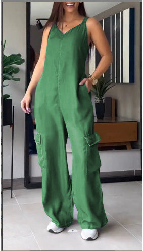 European And American Thin Jeans Wear Pocket V-neck Jumpsuit