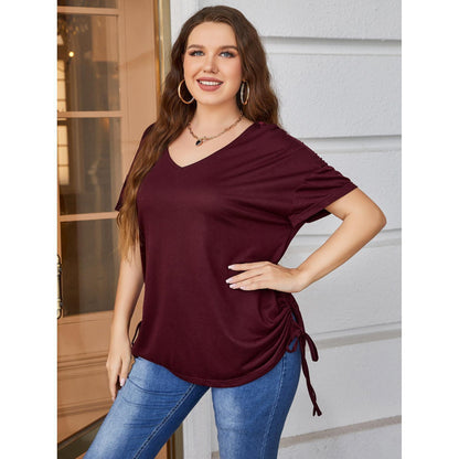 Plus Size Short-sleeved Top Women's Summer Solid Color Loose V-neck T-shirt Plump Girls