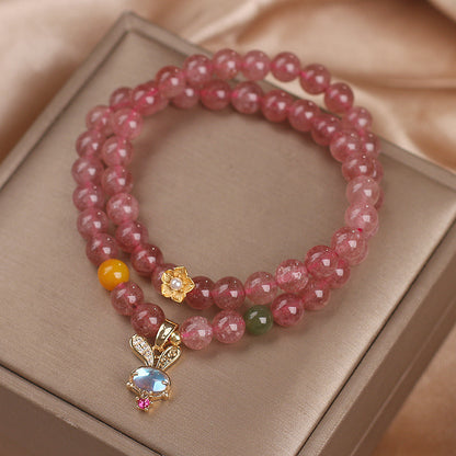 Natural Strawberry Quartz Double Ring Bracelet Female Special-interest Design Rabbit Pendant