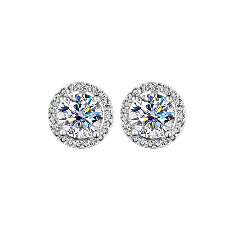 S925 Sterling Silver Genuine Goods Moissanite Round Bag Stud Earrings Simple Graceful