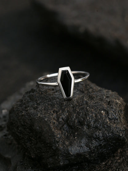 Coffin Shape Black Agate Simple Personality Ring