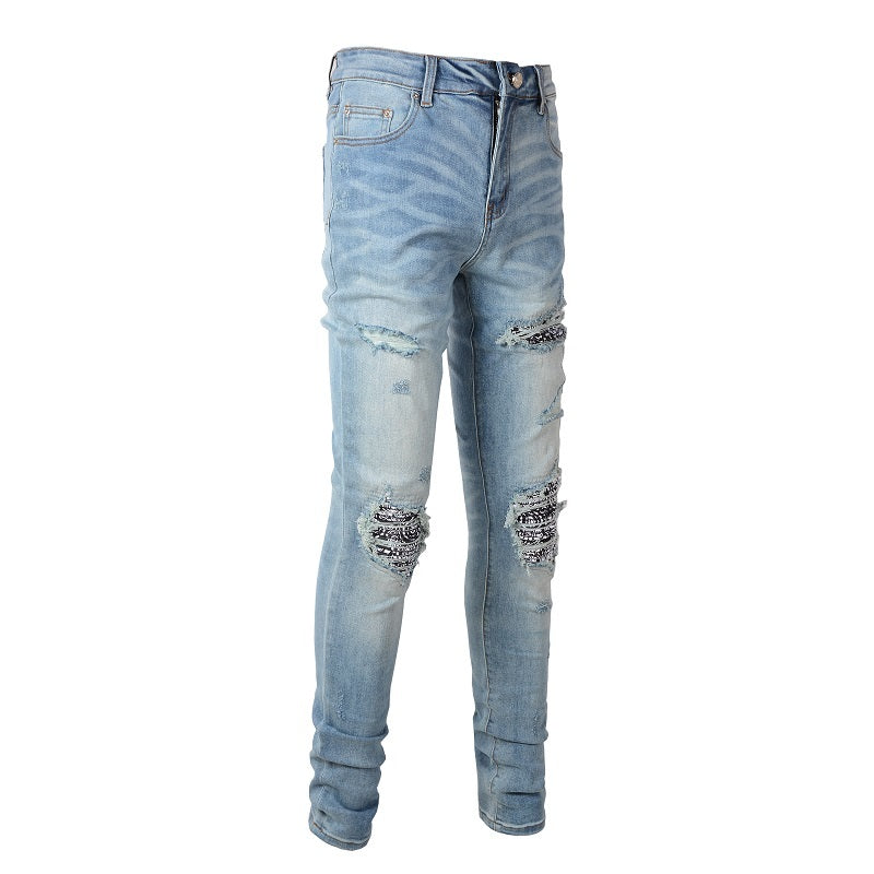 Cashew Flower Printed Patch Slim Fitting Light Colored Jeans For Men