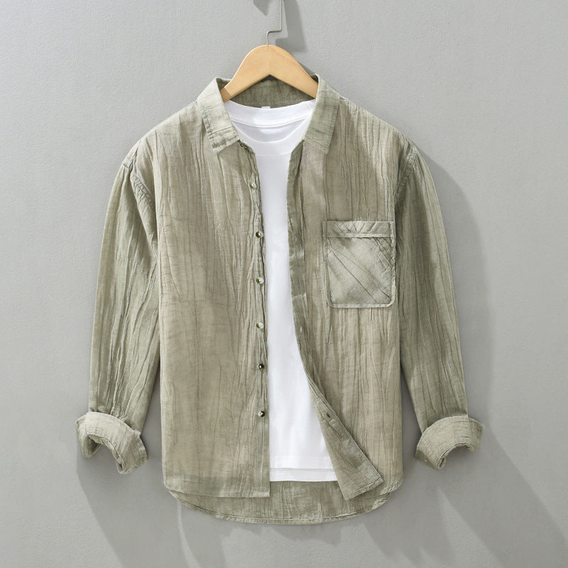 Pleated Lapel Long Linen Sleeves Retro Solid Color Casual Loose Youth Cotton Linen Shirt