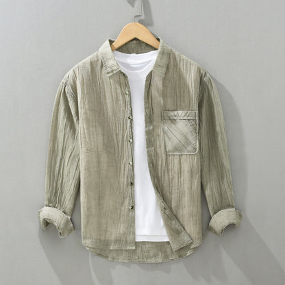 Pleated Lapel Long Linen Sleeves Retro Solid Color Casual Loose Youth Cotton Linen Shirt