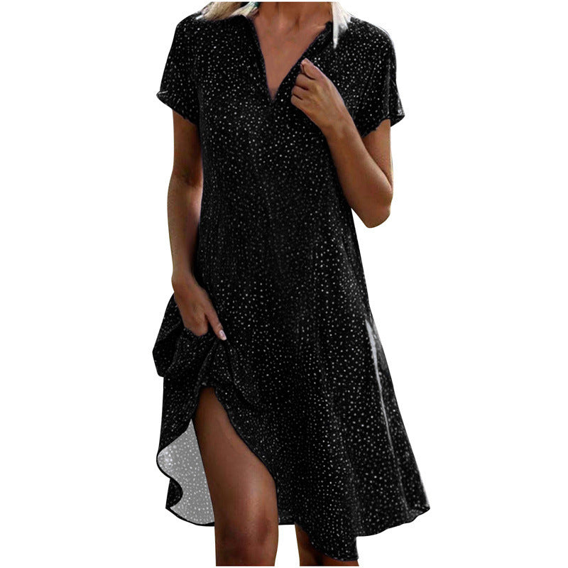 Casual Loose V-neck Short Sleeve Printed Polka Dot Dress Women