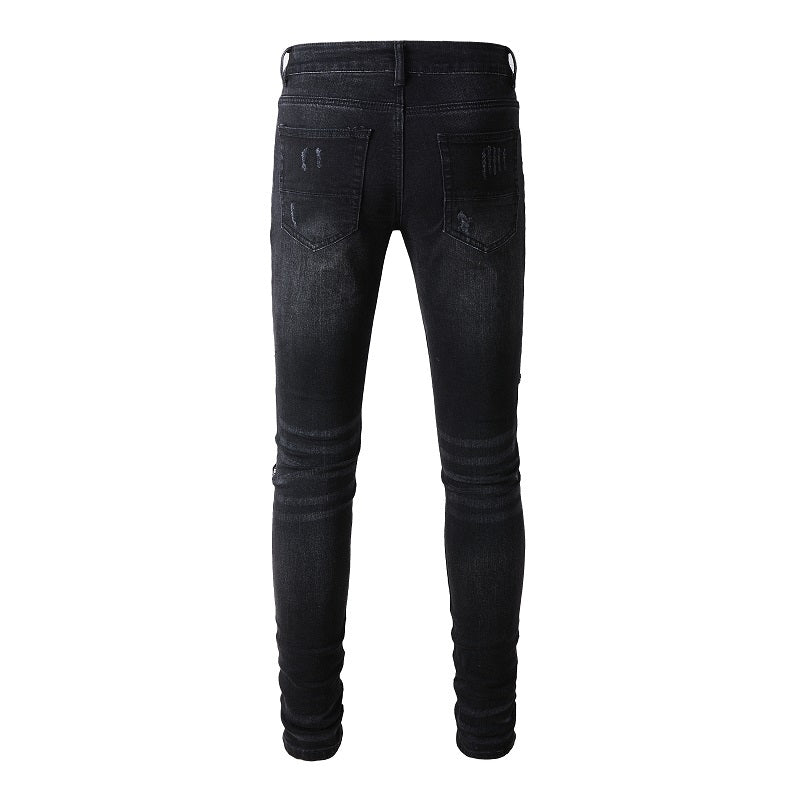 Men's Fashion Simple Print Patch Tattered Stretch Jeans