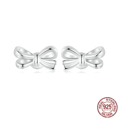 Simple Silver Girl Heart Bow Stud Earrings Women's S925 Sterling Silver