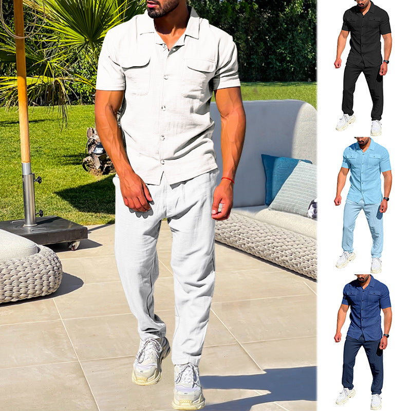 Summer Men's Short Sleeved Shirt Set Loose Casual Cardigan Shirt Pants