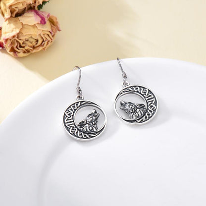 Wolf Celtic Moon Dangle Drop Earrings in Sterling Silver