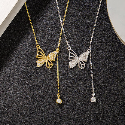 S925 Silver Hollow Butterfly Necklace With Rhinestones Luxury Diamond Tassel Pendant Clavicle Chain Women's Jewelry