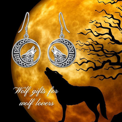 Wolf Celtic Moon Dangle Drop Earrings in Sterling Silver