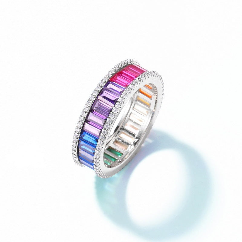 Men And Women S925 Single Row Inlaid Colored Gems Ring