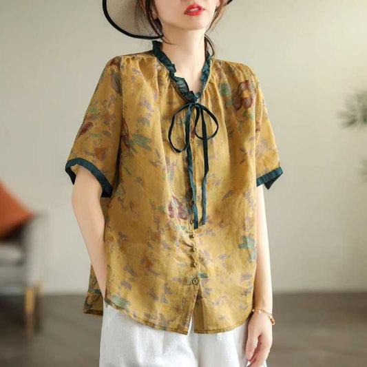 Vintage Ramie Printed Shirt Lace-up Lace Collar Top Single-breasted Loose