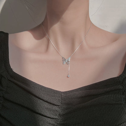 S925 Silver Hollow Butterfly Necklace With Rhinestones Luxury Diamond Tassel Pendant Clavicle Chain Women's Jewelry