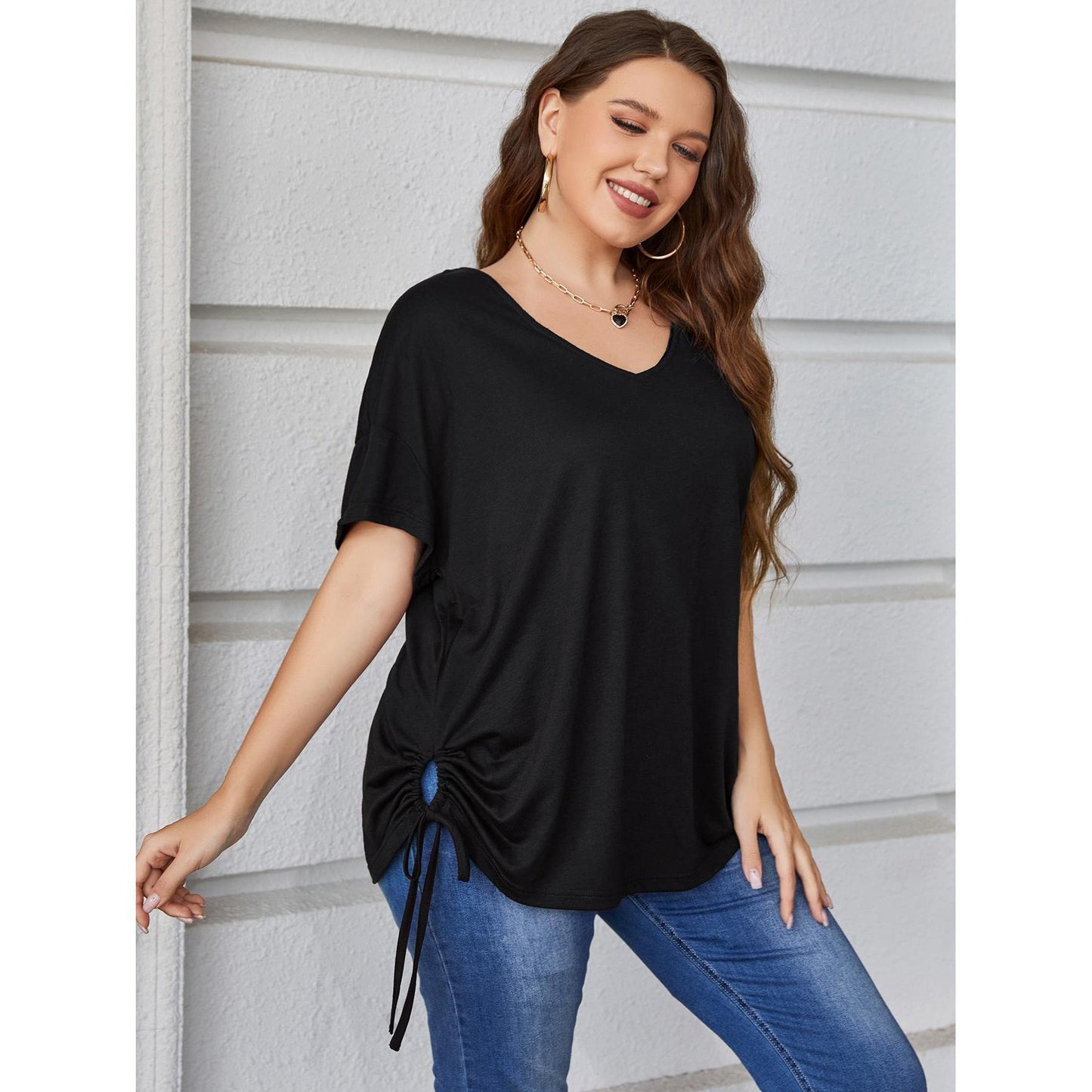 Plus Size Short-sleeved Top Women's Summer Solid Color Loose V-neck T-shirt Plump Girls