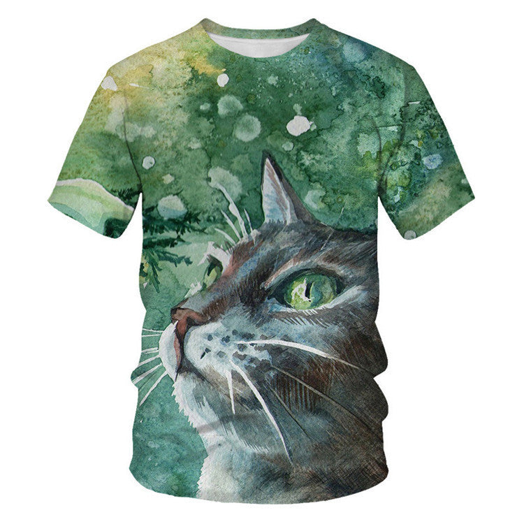 Men And Women Adult Children Cartoon Animal Cat Casual Loose Short Sleeves