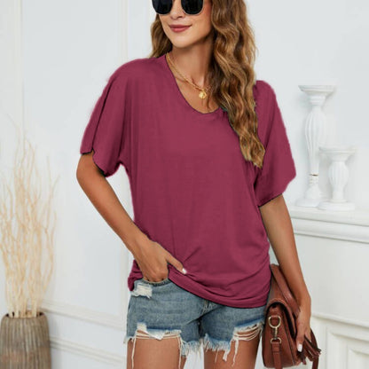 European And American T-shirt Solid Color Casual Loose-fitting V-neck Top