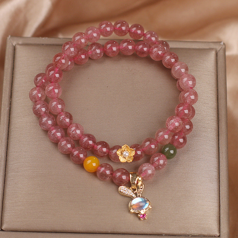 Natural Strawberry Quartz Double Ring Bracelet Female Special-interest Design Rabbit Pendant