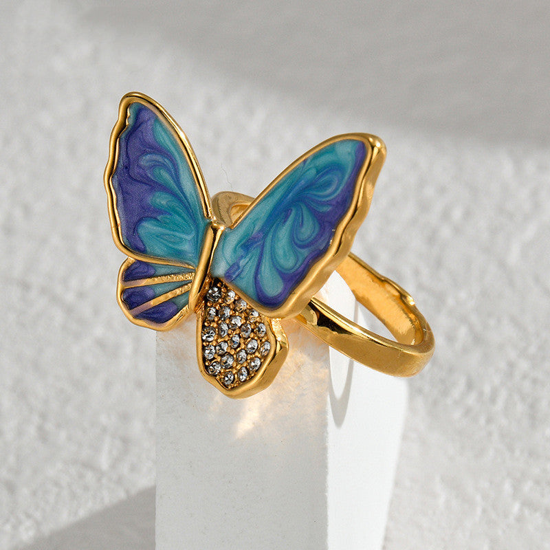 Retro Diamonds Oil Dripping Butterfly Ring