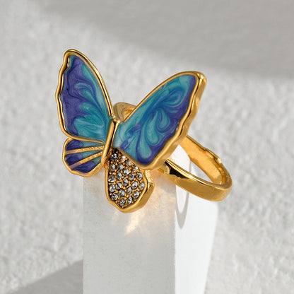 Retro Diamonds Oil Dripping Butterfly Ring