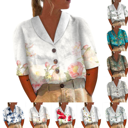 Women's Stand Collar Button Casual Half-sleeve Cotton And Linen Printed Short-sleeved Shirt