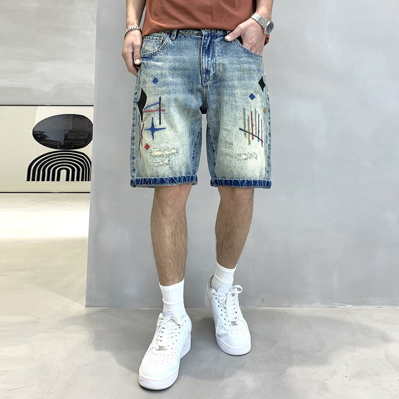 Personalized Embroidered Five-point Denim Middle Pants