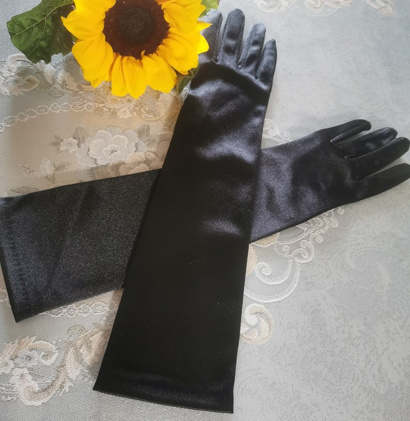 Black Satin Fabric Gloves Long Bag Finger Evening Dress Banquet Photography Jewelry Hepburn Style