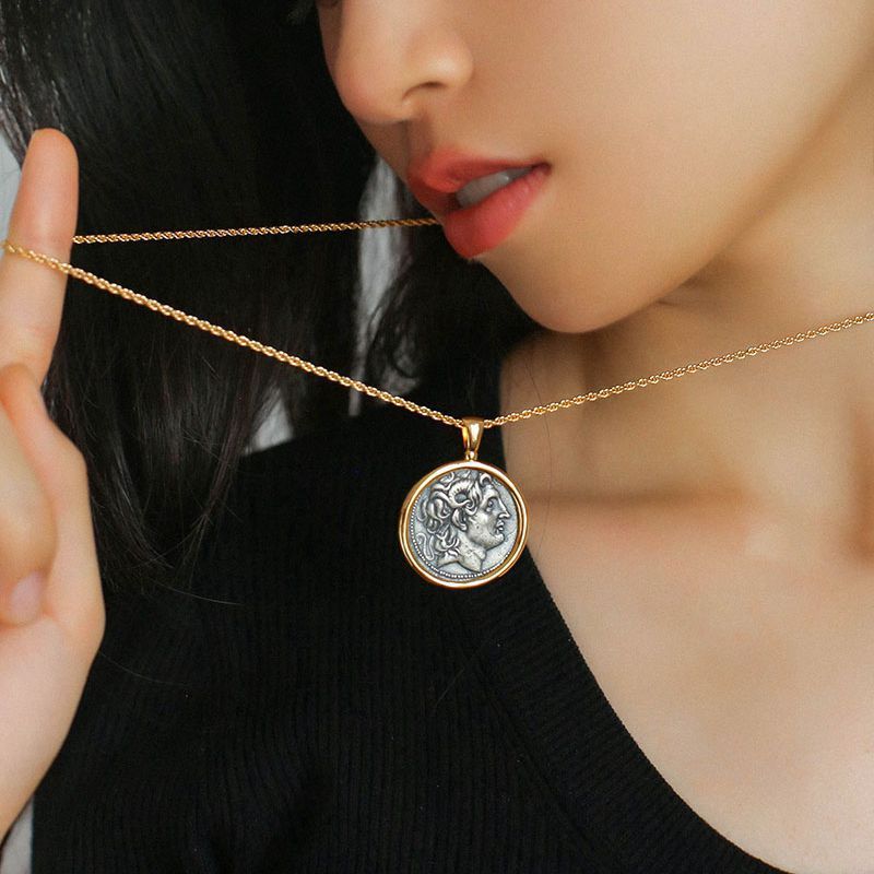 Silver Coin Long Necklace Women's Retro Simple Chain