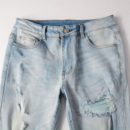 Baby Blue Wash Water Worn Patch Torn Jeans Male