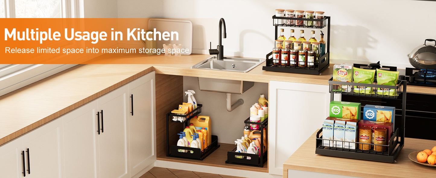Under Sink Organizer Metal Pull Out Cabinet Organizer Spice Rack Kitchen Bathroom Organizers and Storage with Sliding Drawer