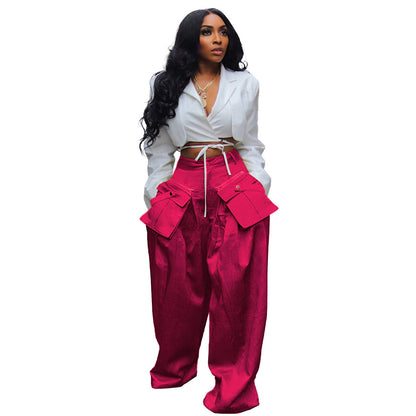 Fashion Women's Casual Detachable Three-dimensional Pocket Wide-leg Pants