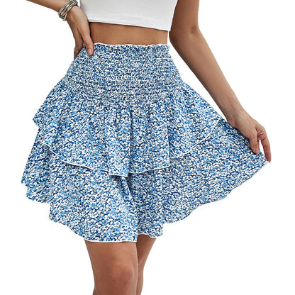 European And American Summer Smocking Slim Fit Floral Short Skirt