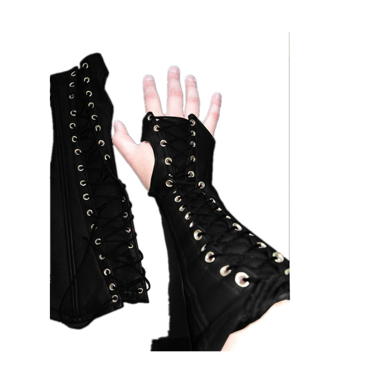PU Long Lace Up Wrist Guard Half Finger Gloves