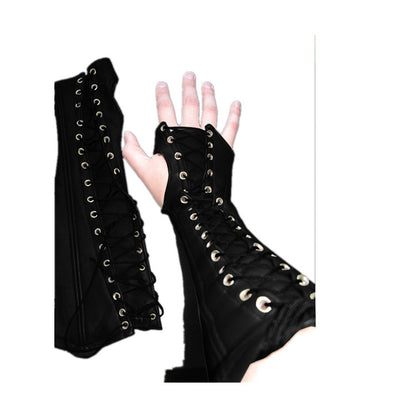 PU Long Lace Up Wrist Guard Half Finger Gloves