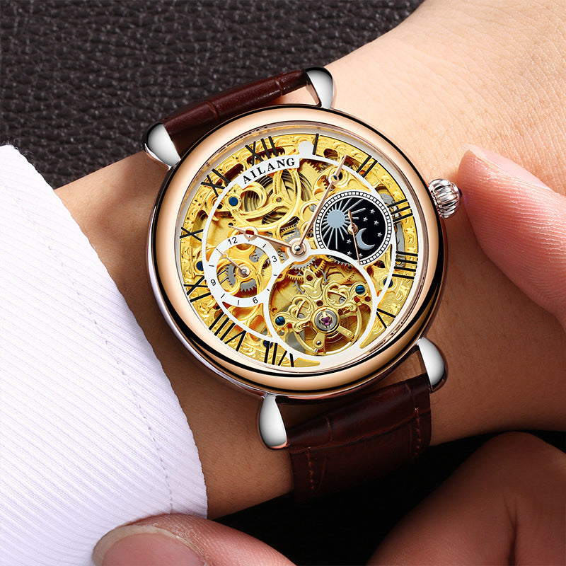 Gold Hollow Movement Men's Fashion Automatic Mechanical Watch Leather Business Men's Watch