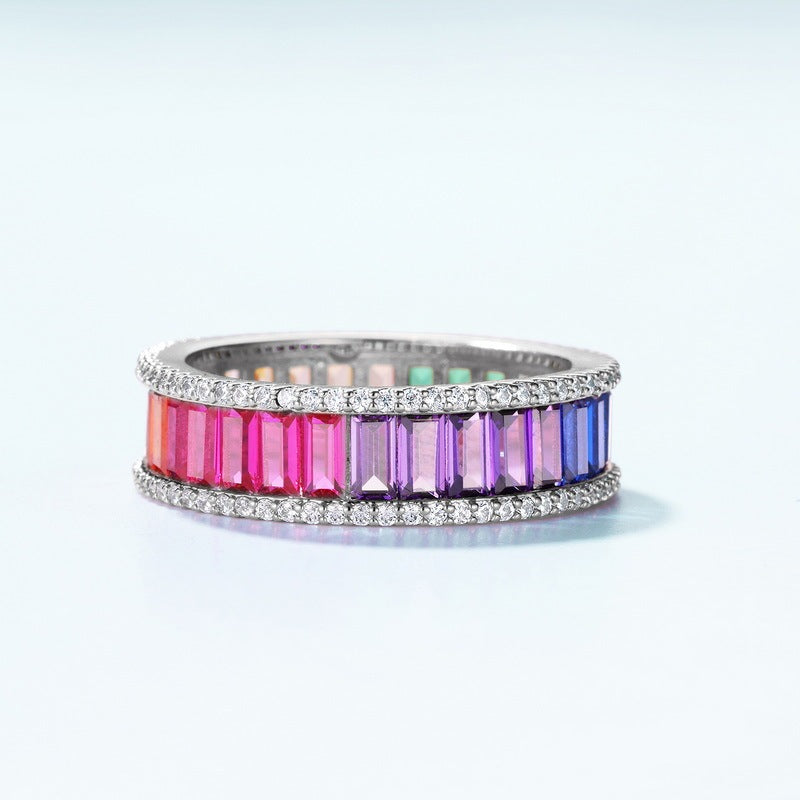 Men And Women S925 Single Row Inlaid Colored Gems Ring