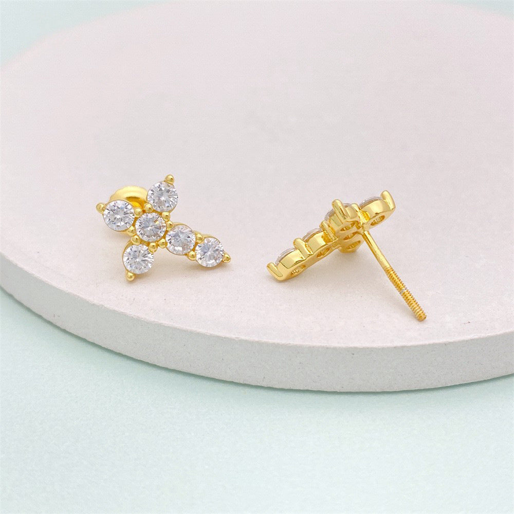 S925 Silver Inlaid Zircon Cross Ear Clip Male And Female Personality Stud Earrings