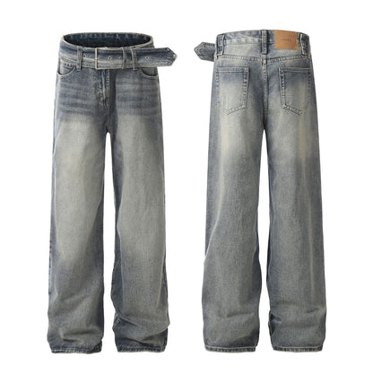 Washed Loose Wide Leg Large Hole Profile Tooling Ribbon Logging Jeans