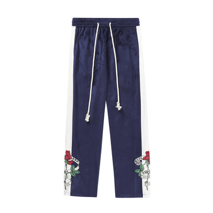 Rose Embroidery Casual Pants Men's Color Contrast Splice Sports Wide Leg Pants