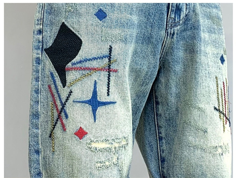 Personalized Embroidered Five-point Denim Middle Pants