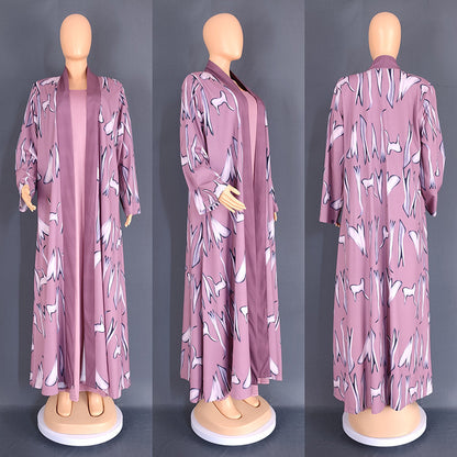 Digital Printing Cardigan Long Robe European And American Clothing Two-piece Suit 8839