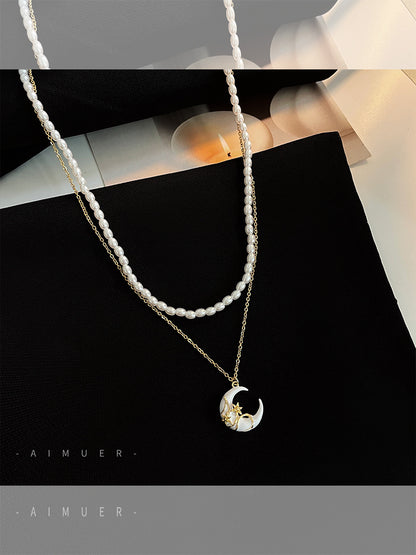 Double Layered White Moon Pearl Necklace