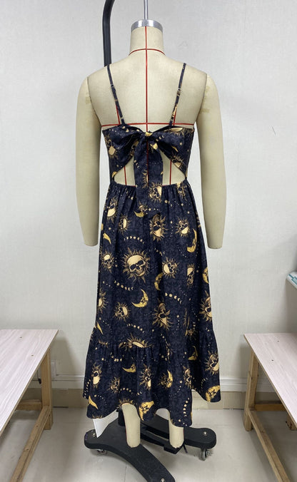 Lady Gothic Retro Dark Skull Bone Sun And Moon Print Dress