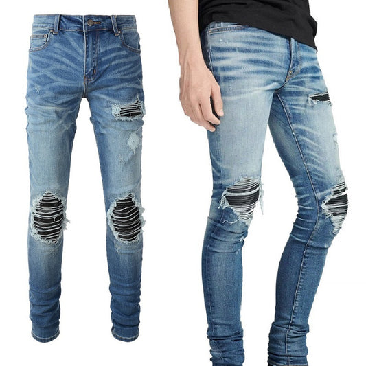 Patched Leather Pleats And Patchwork For Old Washed Light Colored Jeans For Men