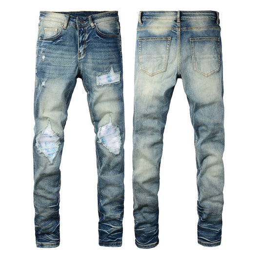 Ripped Color Patch Jeans Retro