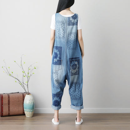 Sleeveless Washed Printed Plus Size Ripped Denim Suspender Pants