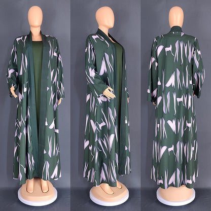 Digital Printing Cardigan Long Robe European And American Clothing Two-piece Suit 8839