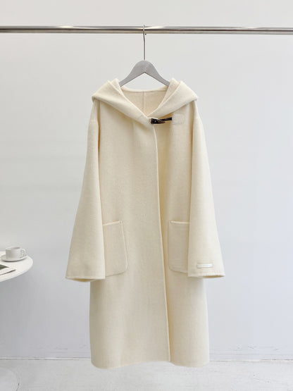 Hooded Dehaired Angora Horn Button Design Cape Reversible Cashmere Coat