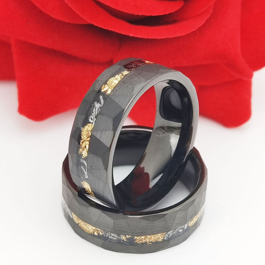 Tungsten Gold Ring Flat Batch Flower Groove Inlaid With Gold Foil Debris